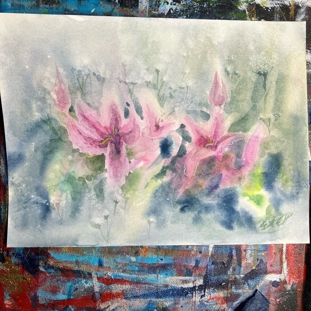 Flowers Original Painting Lillies Floral Watercolor art Garden Decor Artettina